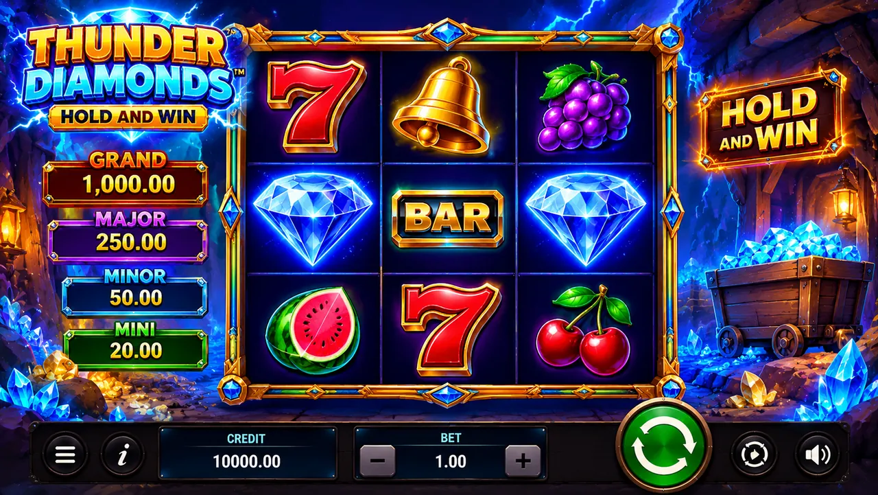 Thunder Diamonds demo põhimäng: 3×3 rullid, jackpoti tabloo ja virtuaalne saldo 10000