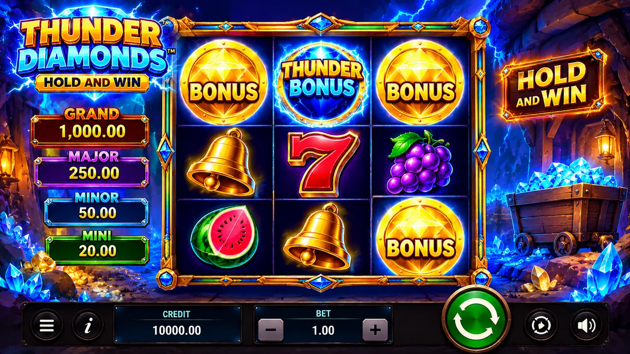 Thunder Diamonds: Bonus sümbolid esimesel ja kolmandal rullil ning Thunder Bonus teisel rullil käivitavad Hold and Win vooru