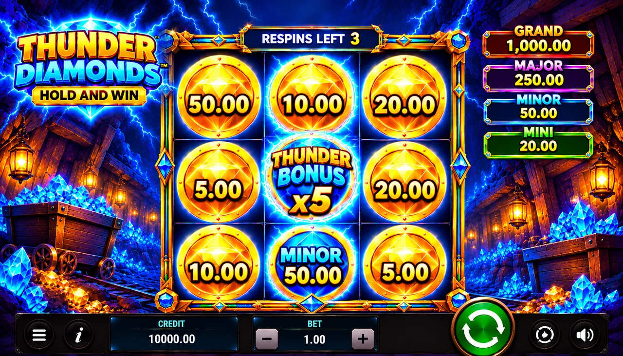 Thunder Diamond Collector: Thunder Bonus x5 keskel kogub Bonus sümbolite ja Minor jackpoti väärtused