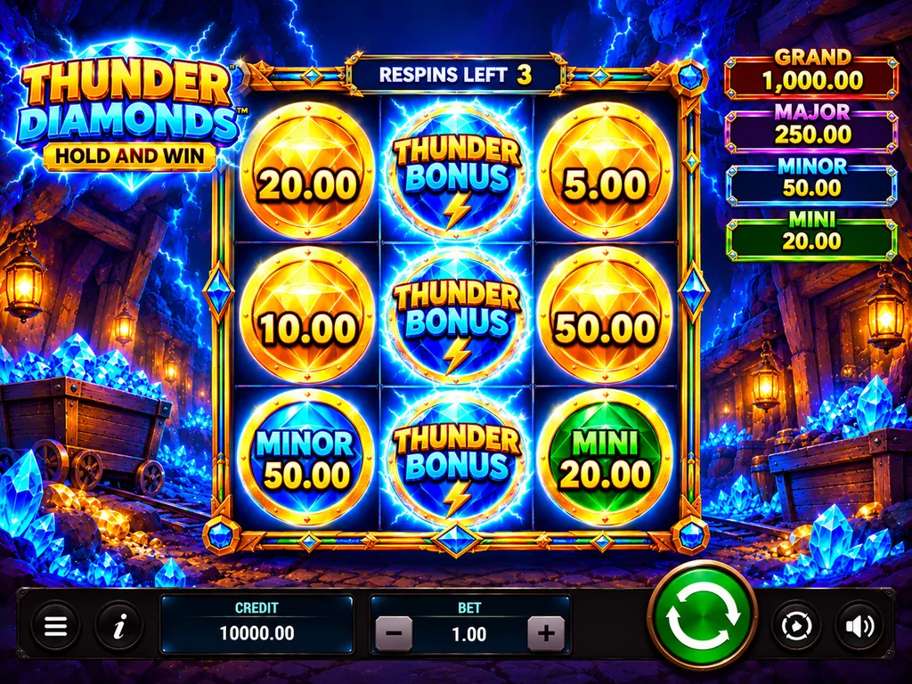 Thunder Diamonds respins: kolm Thunder Bonus sümbolit lukustatud teisel rullil, loendur näitab kolme