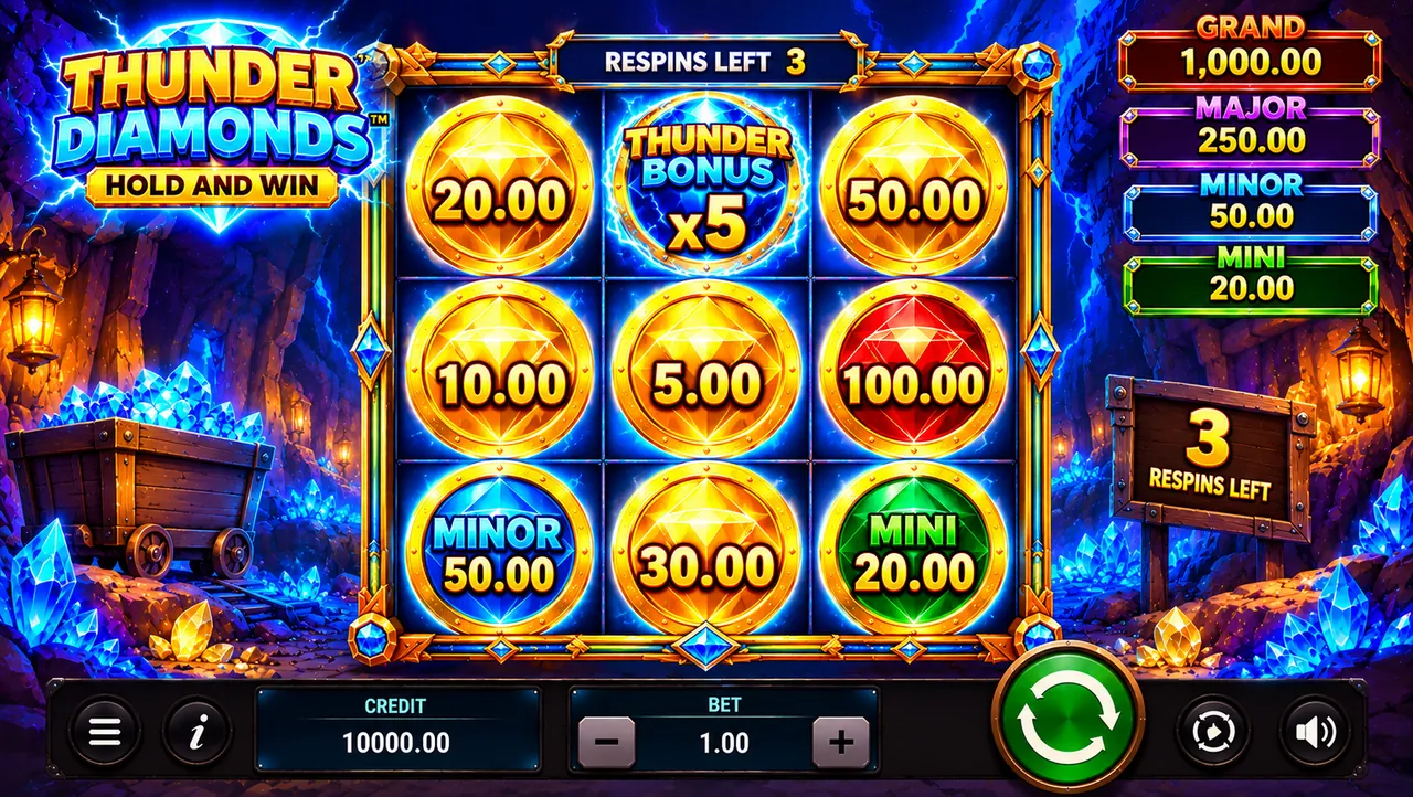 Thunder Diamonds Hold and Win voor: Thunder Bonus x5 kordajaga, Minor ja Mini jackpotisümbolid